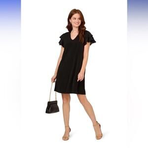 Adrianna Papell Women's V Neck Double Flutter Sleeve Black Dress NWT Size‎ L